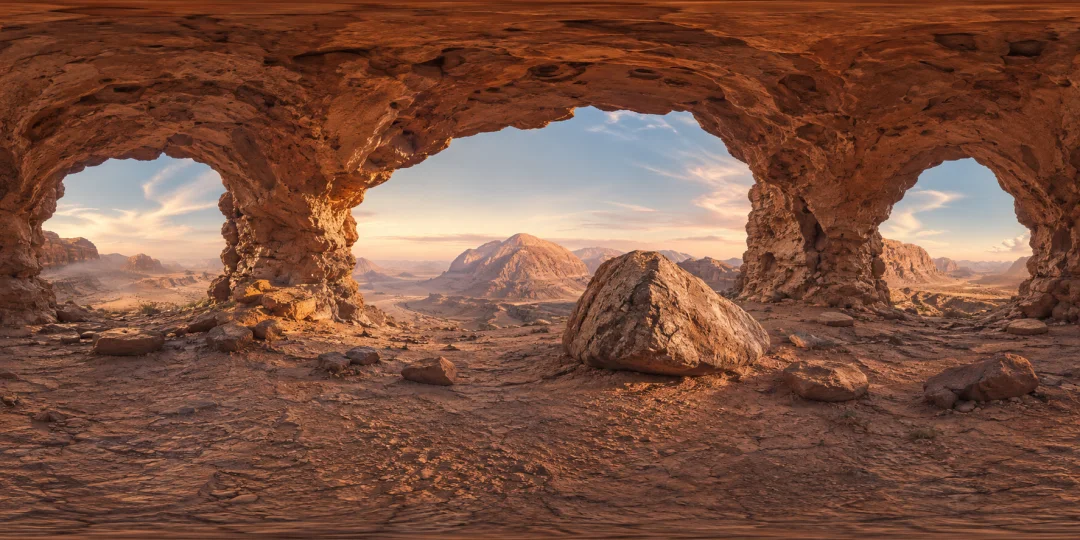 360° panoramic view from inside a sandstone cave complex looking out at a canyon during golden hour