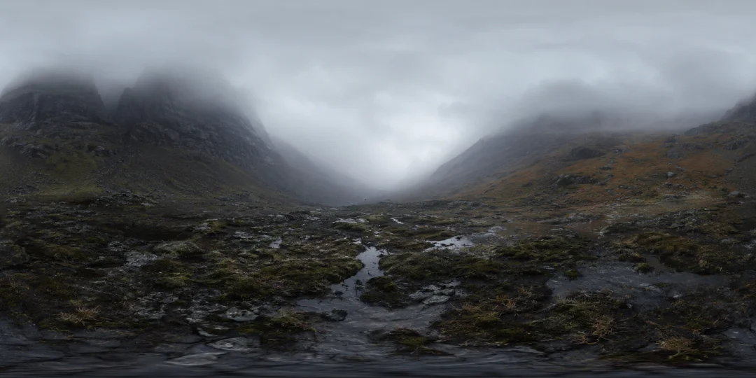 360° panoramic view of a foggy Scottish Highland mountain pass with dense mist and dark moorland