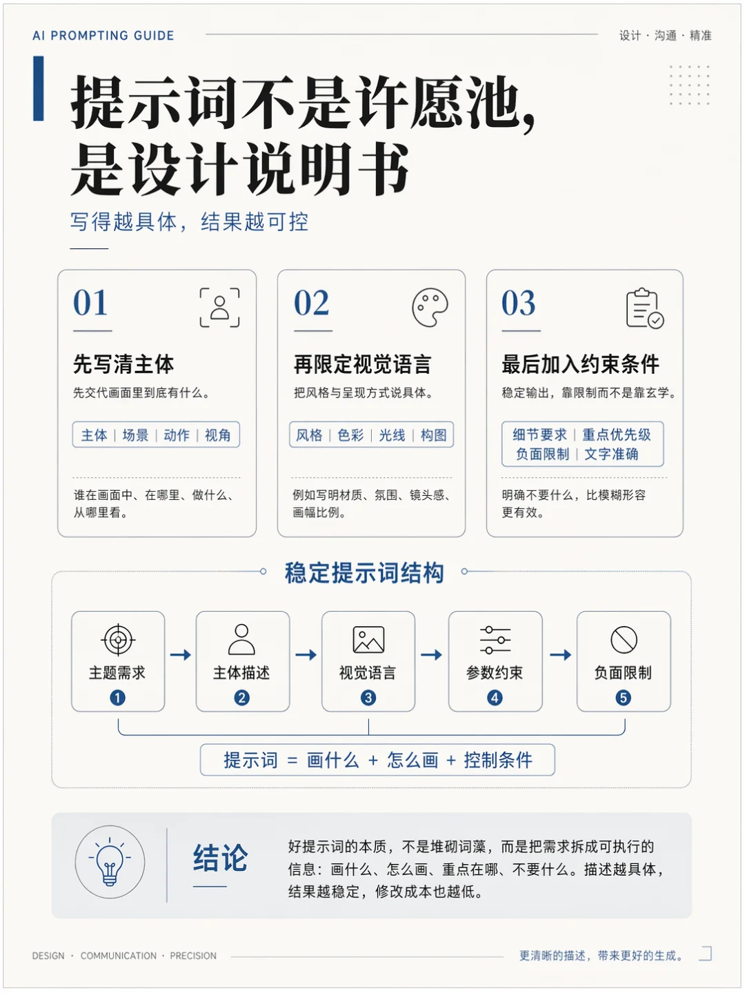 Educational diagram poster: How to write stable AI image prompts