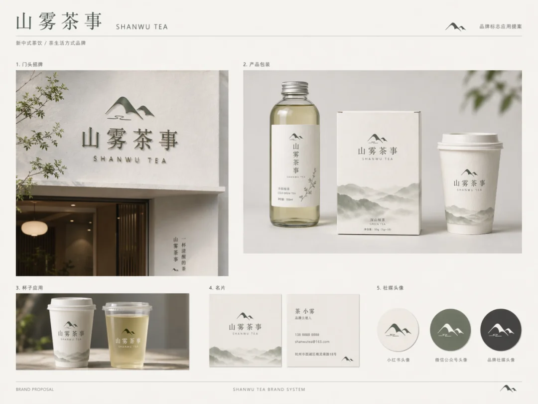 Logo application mockup across multiple brand touchpoints for Shanwu Tea