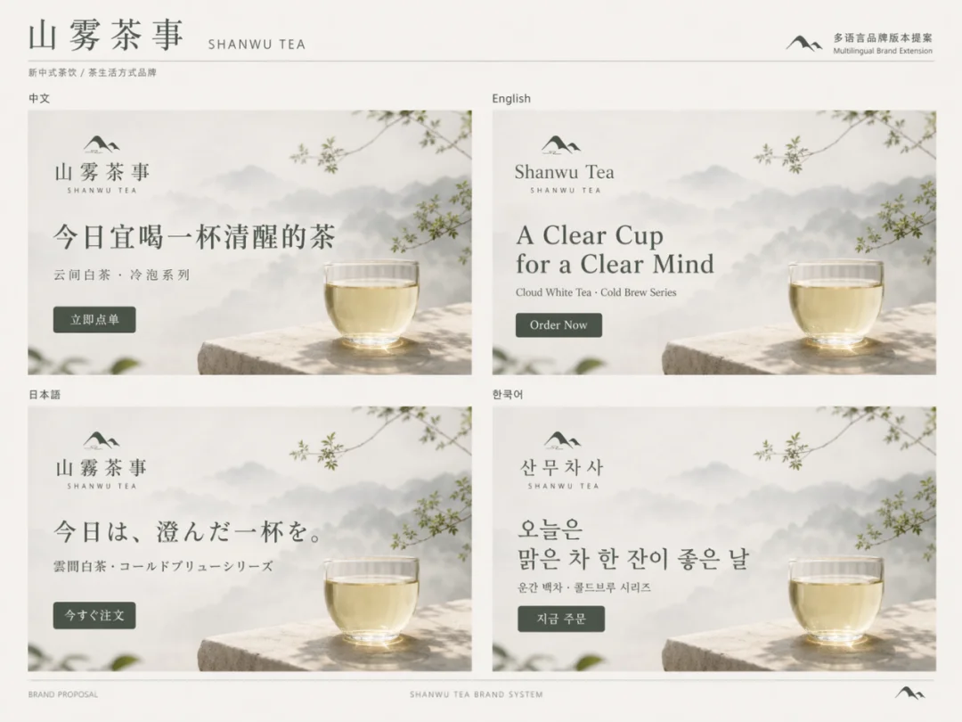 Multilingual brand versions for Shanwu Tea in Chinese, English, Japanese, Korean
